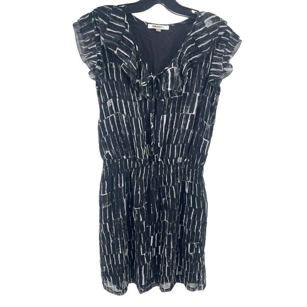 DKNY DKNYC A Line Dress Silk Printed Short Sleeve Key Hole Neck Black Small